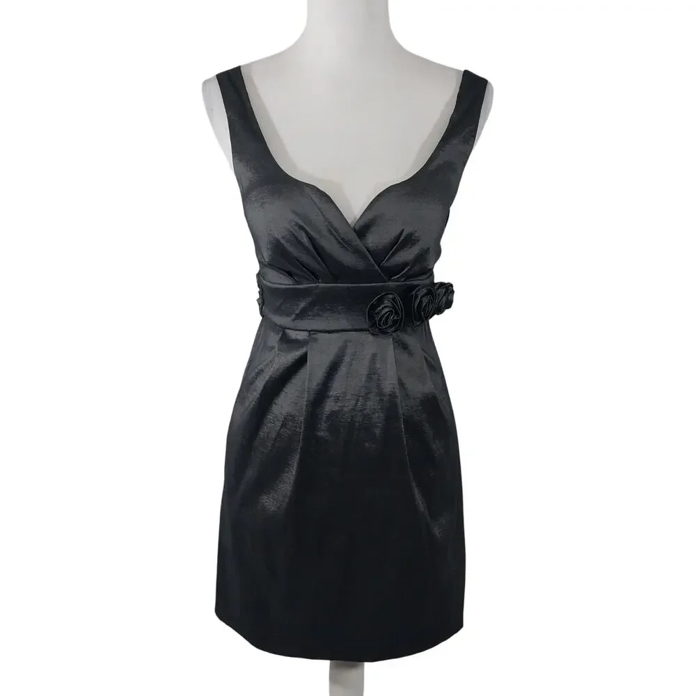 NWT! ALYN PAIGE, N.Y.! DOVE GRAY RAW SATIN, PLEAT FRONT, ROSETTE DRESS! SZ 3/4 - Picture 2 of 9